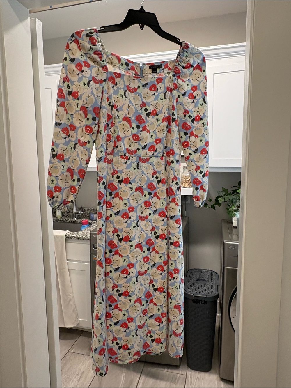 Ann Taylor Cream Floral Long-Sleeve Maxi Dress with Red and Blue Accents